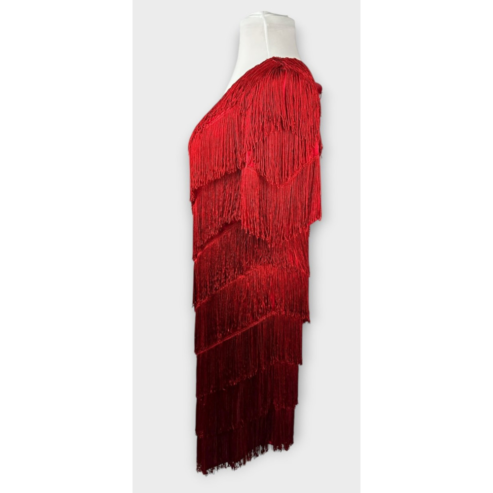 VTG 70s 80s Mister Jay Fringe Dress Red V-Neck No Size Party Holiday Flapper L - Picture 6 of 15
